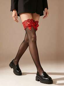 1 Pair Women's Black Transparent Thigh-High Stockings With Red Lace Trim And Bow, Sweet Gothic Lolita Style, High Elasticity, Suitable For Lolita Style And Night Wear - Multicolor - View 6