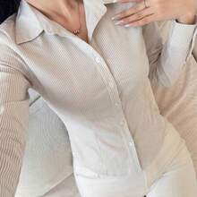 Camisa de manga larga a rayas minimalista y casual para mujer - Caqui - Ver 1