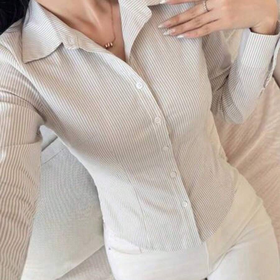 Camisa de manga larga a rayas minimalista y casual para mujer - Caqui - Ver 1