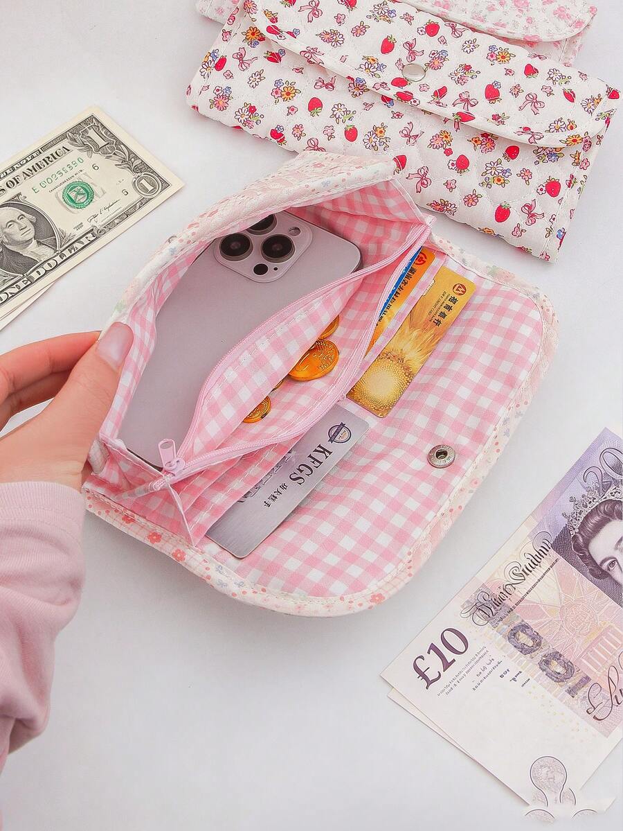 1Pc Floral Quilted Fabric Wallet, Snap Closure Multi-Compartment Purse, Portable Card Holder & Cash Organizer, Cash & Phone Storage, For Daily Use