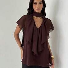 Camisa de oficina elegante de mujer con cuello en V, mangas con volantes de gasa en color marrón - Marrón - Ver 5