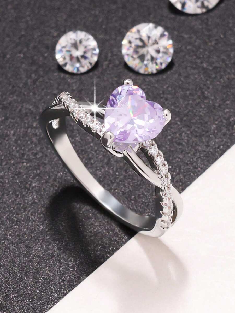 1件優雅精緻閃耀浪漫心形立方鋯石女戒,閃耀十二款誕生石,適合情人節、生日、週年紀念,生日禮物,適用於婚禮、訂婚、求婚 - 淡紫色 - 查看 1