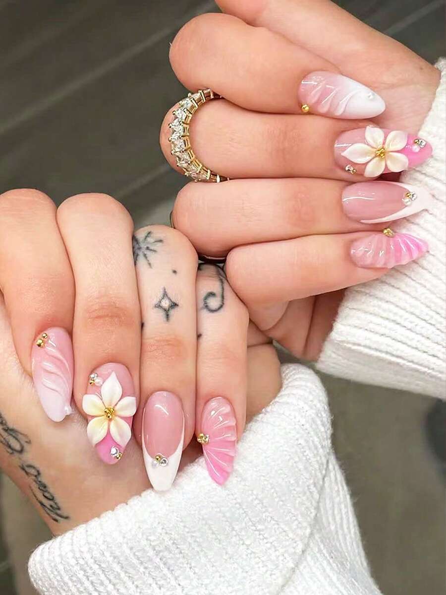 24片杏仁形夏季渐变3D花朵美甲贴纸,女士尖头假指甲贴片套装 - 淺粉色 - 查看 1