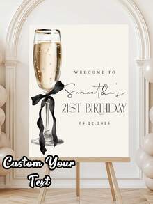 1pc Customizable Champagne-Style Birthday Welcome Sign, Customizable Name And Date, Elegant Black Bow Design, Suitable For 21st/30th/40th Birthday Party Decor, Home Decor, Party Decoration, Aesthetic Home, Yard Sign - Multicolor - View 3
