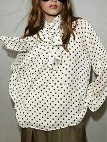 1pc Apricot Stand Collar Polka Dot Print Bow Tie Long Sleeve Women's Fashion Solid Color Polyester Chiffon Fabric Ruffle Long Sleeve Suitable For Commuting Elegant Casual Vacation Date Spring Summer Women's Blouse - Apricot - View 4