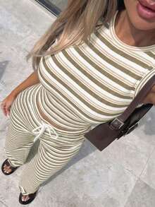 Conjunto de top sin mangas y pantalones largos con estampado de rayas, estilo casual, de moda, para yoga, deportes, calle y desplazamientos, elegante para el verano - Caqui - Ver 2