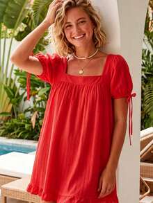 Red Women's A-Line Square Neck Puff Sleeve Babydoll Dress Lace Trim Ruffle Hem Dress Summer Casual Flowy Dress For Beach Vacation - 紅色 - 查看 3