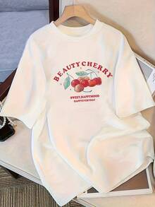 Primavera Grafica.1pac.100%Cotton.Letter And Cherry Fruit Print Mid-Length Loose Short-Sleeve Summer Casual Y2K Style Top.Versatile.Classic - White - View 1