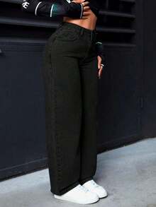 PETITE Jeans rectos de cintura alta lavados de estilo casual para mujer - Negro - Ver 5