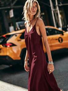 Robe midi en satin bordeaux à col V sans manches, lisse et confortable pour le bureau, les rendez-vous et le port décontracté, élégante pour l'été - Rouge foncé - Voir 2