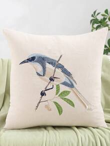 Miater 1pc/2pcs Canvas Embroidered Throw Pillow Cover, Coconut Tree, Floral & Bird Pattern, Fresh Natural Style For Living Room, Bedroom, Sofa, Home Decor, Holiday Gift - Green - View 13