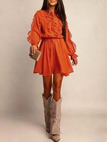 Vestido de manga larga con volantes y cordón de unicolor elegante y de moda para uso diario y citas, primavera - Amarillo - Ver 8
