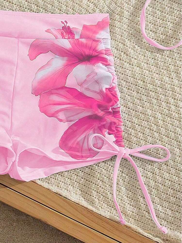 Conjunto de bikini de 3 piezas/set: Top halter casual y sexy con cubierta de malla floral transparente, Bottom de traje de baño con lazos laterales, tela con estiramiento moderado, adecuado para vacaciones, playa, actividades en la piscina, fiestas en la playa, vacaciones de verano - Multicolor 4 - Añade 9
