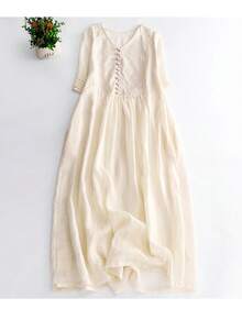 Vestido largo de verano de algodón y lino con cuello en V para mujer, estilo coreano, falda acampanada de cinco mangas, estil... - Color de la imagen - Ver 3