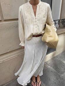 Women's Elegant Chic Floral Embroidery Blouse, Casual Versatile Top For Everyday Outfit, Daily Wear - Apricot - View 1