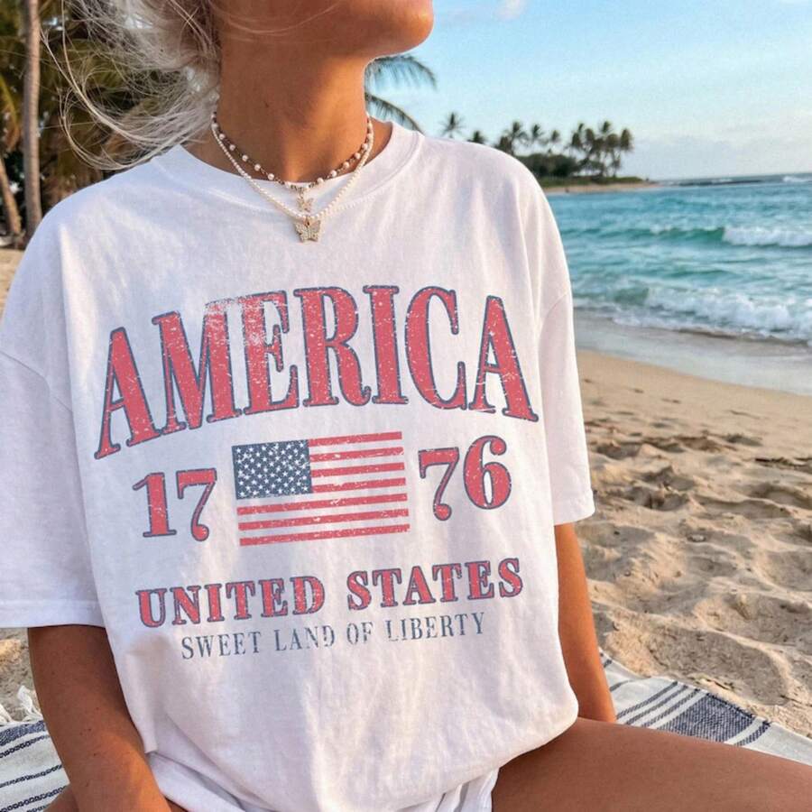 Retro America 4th Of July Shirt Preppy Fourth Of July Tshirt T Rendy Oversized USA Tee Aesthetic Patriotic Shirt C Omfort Colors Cute Summer - 白色 - 查看 1
