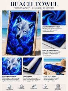 Toalha de praia com lobo branco néon azul e rosas azuis, impressão artística de animal místico de fantasia galáctica em microfibra, toalha de piscina ultra absorvente de secagem rápida e sem areia, toalha extragrande para fãs de vida selvagem 180x90cm/160x80cm/140x70cm, toalha macia, leve, durável e sem desbotamento para homens, mulheres e adolescentes, toalha de secagem rápida para praia, piscina, campismo, férias de verão, presente único para amantes de lobos & entusiastas de arte de fantasia, toalha multiusos - 1 toalha de praia - Ver 2