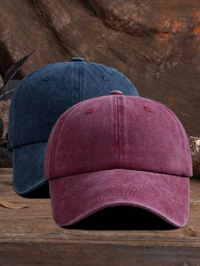 2 chiếc mũ lưỡi trai unisex màu trơn, có thể điều chỉnh, đã qua xử lý giặt, kiểu dáng thường ngày, phong cách ngoài trời.