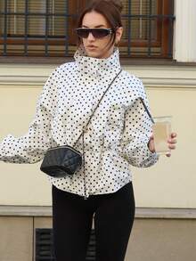Casual Vintage Polka Dot Bomber Jackets Sashes Slim Turtleneck Women Jacket Festival Elegant Simple Holiday Outwear Streetwear Y2K Girl Jacket White - White - View 3