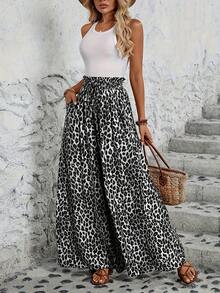 Pantalones de Pierna Ancha con Cintura Elástica y Estampado para Mujer - Estampado de leopardo azul - Ver 11