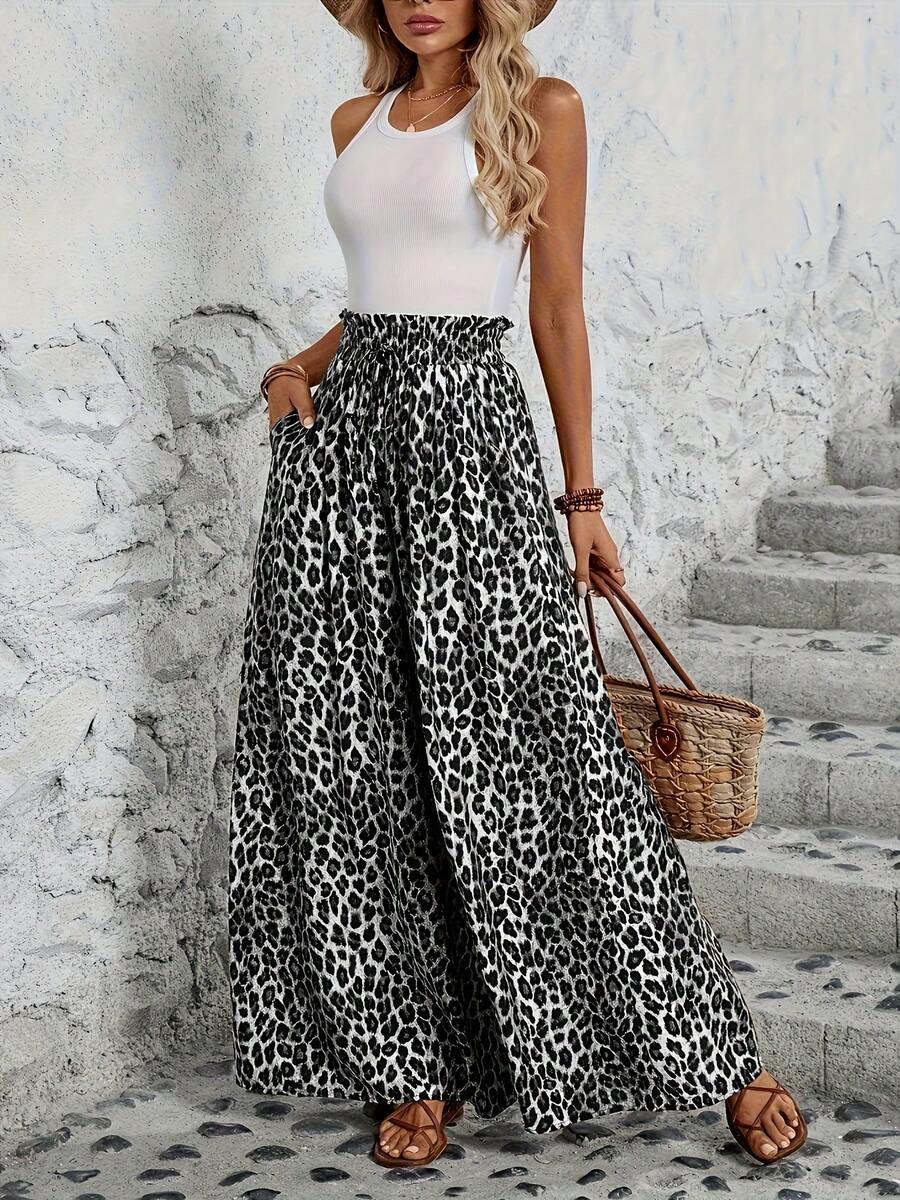 Women's Wide Leg Trousers With Elastic Waist And Print - Light Grey - View 1