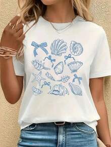 Seashell Preppy Blue Coquette Bow Beach Coastal Sea Shell T-Shirt, Casual Crew Neck Short Sleeved Summer Top - 白色 - 查看 1
