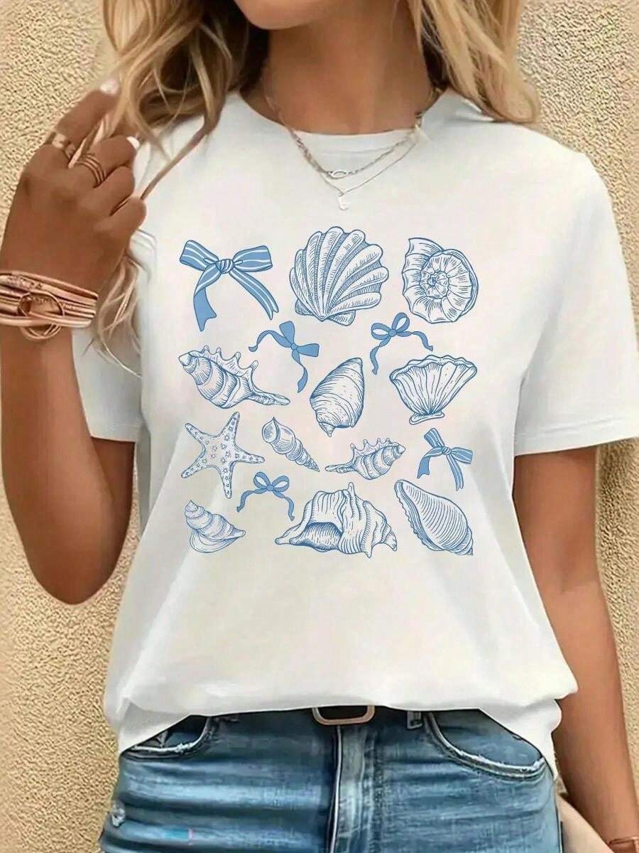 Seashell Preppy Blue Coquette Bow Beach Coastal Sea Shell T-Shirt, Casual Crew Neck Short Sleeved Summer Top - 白色 - 查看 1