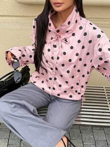 Áo khoác sơ mi chấm bi thời trang nữ Seelio Xuân/Hè mới về, kiểu dáng preppy đa năng, tay dài, cổ đứng. - Chấm bi hồng - Xem 2