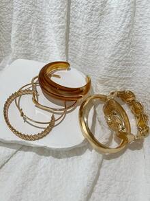 6pcs Vintage Geometric Pattern Open Bangle Bracelet Set, Simple Fashionable Accessory Gift For Women, Suitable For Summer, Dates, Parties, Casual Wear - Style 1 - View 3
