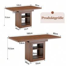 Modern Extendable Walnut Wood Dining Table With Shelf, Space-Saving Wooden Kitchen Table For 4 To 8 People, Extendable Dining Table With Metal Rails - 棕色 - 查看 5