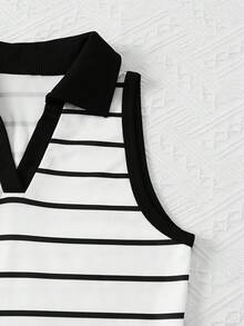 Blusa sin mangas de estilo casual con cuello de solapa y contraste de color a rayas, adecuada para salidas diarias en primavera/verano - Blanco y Negro - Ver 4