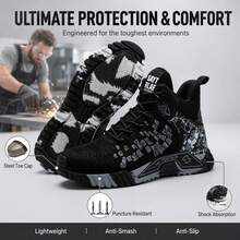 Men's Black High-Top Steel Toe Work Sneakers, Puncture-Proof Safety Shoes With Kevlar Midsole, Breathable Mesh Industrial Work Boots, Anti-Slip Shock Absorption, Wear-Resistant Construction Footwear, Durable All-Day Comfort Safety Shoes For Construction Workers, Warehouse Staff, Factory Workers & Mechanics, ASTM Compliant Protective Work Shoes, Lightweight Indestructible Black Orange Work Footwear For Men - Black - View 3