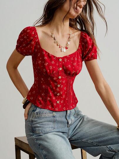Rusttydustty French Vacation Retro Red Ditsy Floral Square Collar Petal Sleeve Lace Patchwork Cropped Blouse For Women
