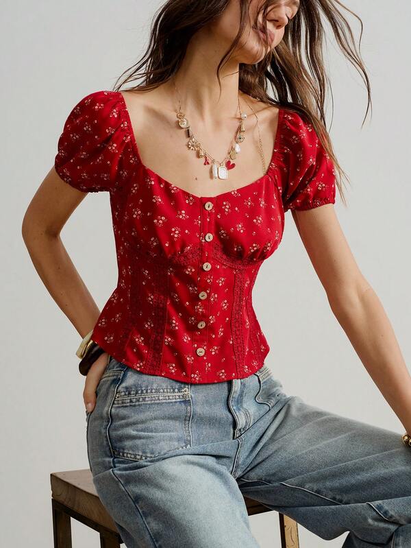Rusttydustty French Vacation Retro Red Ditsy Floral Square Collar Petal Sleeve Lace Patchwork Cropped Blouse For Women