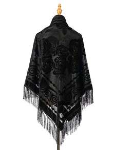 1 chiếc khăn vuông lớn họa tiết hoa hồng cổ điển thanh lịch, chất liệu jacquard mềm mại, thời trang nữ, đa năng, có tua rua, phù hợp cho dã ngoại, kỳ nghỉ, chụp ảnh - phụ kiện không thể thiếu. - màu đen - Xem 3