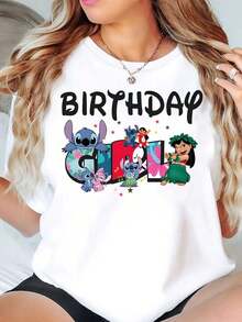 Disney Camiseta de mujer con estampado de Stitch y Lilo, niña de cumpleaños, cuello redondo, manga corta, uso casual para fiesta de cumpleaños, suave y cómoda de 220g - Blanco - Ver 1