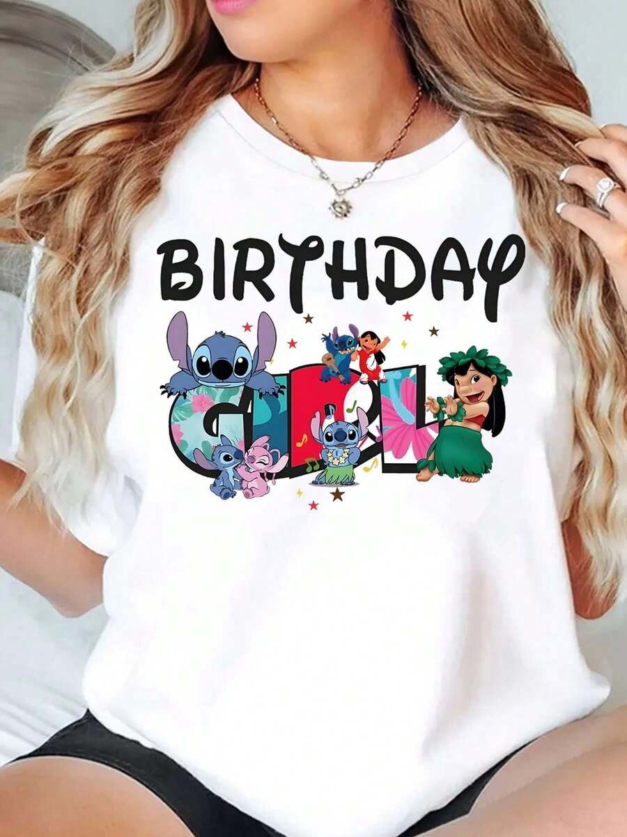 Disney Camiseta de mujer con estampado de Stitch y Lilo, niña de cumpleaños, cuello redondo, manga corta, uso casual para fiesta de cumpleaños, suave y cómoda de 220g - Blanco - Ver 1