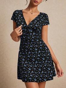 Vestido de línea A con estampado floral y cuello en V dulce para mujer, vestidos florales, vestidos florales de primavera, vestidos de mujer para la playa, Y2K verano, vestidos florales, vestidos de verano lindos, vestidos de verano - Negro - Ver 3