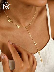 1 Piece Of Personalised Stainless Steel Pendant Necklace, Tassel Necklace, Exquisite Dangling Name Necklace, Long Y-Shaped Necklace, Initial Necklace - Yellow Gold - View 3