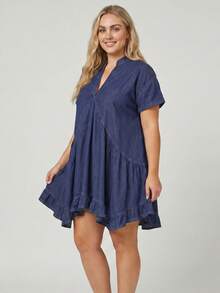 Women's  Plus Size Denim Dresses Fashion Short Sleeve V Neck Solid Color A Line Summer Swing Dress - Azul - Ver 5
