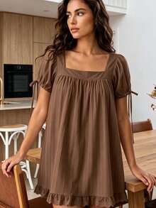 Coffee Women's A-Line Square Neck Puff Sleeve Babydoll Dress Lace Trim Ruffle Hem Dress Summer Casual Flowy Dress For Beach Vacation - 咖啡 - 查看 4