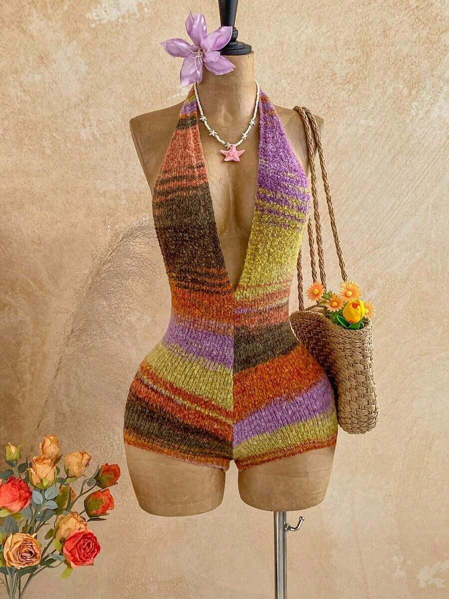 - Mono de punto con cuello halter sexy y escote en V profundo con efecto tie-dye para mujer - Naranja - Ver 1