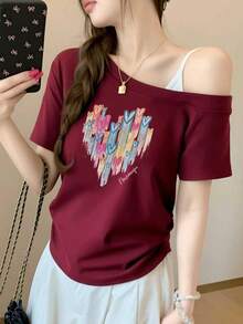Sweet & Spicy Wine Red Heart Asymmetrical Shoulder Short Sleeve T-Shirt, Drawstring Waist Slim Fit Casual Top Wine Red Asymmetrical Shoulder Graffiti Heart Print T-Shirt, Loose Fit Casual Sweet Style Rainbow Heart Asymmetrical Shoulder T-Shirt, Casual Loose Fit Summer - Burgundy - View 1