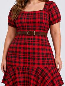 Plus Size Checkered Dress With Square Neckline And Short Sleeves For June Festival (São João) - 紅色和黑色 - 查看 7