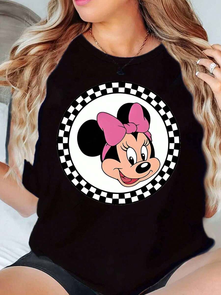 Minnie Mouse Face With Pink Bow And Checkered Circle Print Disney Women T Shirt Round Neck Short Sleeve Casual Daily Wear Summer Outfit Soft Comfortable 220g - 黑色 - 查看 1