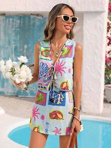 Conjunto de 2 piezas de top con amarre delantero y minifalda con estampado de limón y fresa para vacaciones - Azul - Ver 4