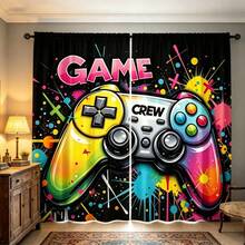 2 piezas Combinación de pantalla de ventana digital de alta definición, impresa con colores vibrantes y diseño de controlador de juego estilo graffiti, tela de poliéster lavable a máquina, perfecta para la decoración del hogar en la sala de estar y el dormitorio, mejora el efecto visual de las barras de cortina en el dormitorio y el estudio - Multicolor - Ver 5