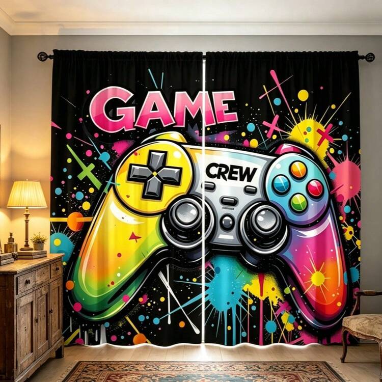 2pcs High-Definition Digital Window Screen Combination, Printed With Vibrant Colors And Graffiti Style Game Controller Design, Machine Washable Polyester Fabric, Perfect For Living Room And Bedroom Home Decor, Enhances The Visual Effect Of Curtain Rods In Bedroom And Study - Multicolor - View 5