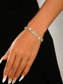 1pc 4-Row/3-Row/2-Row/1-Row Crystal Tennis Bracelet, Shiny Elastic Bangle, Crystal Sparkling Wristband, Wedding Bridal Jewelry, Valentine's Day Gift - Gold - View 5