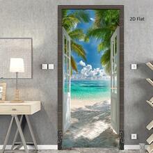 1/2pcs Tropical Style Door Sticker, Beach Scenery Door Decal, Ocean Paradise Door Decor, Fashionable Door Art, Retro Door Wallpaper, Modern Home Decor Door Sticker, 2D Flat - A - View 3